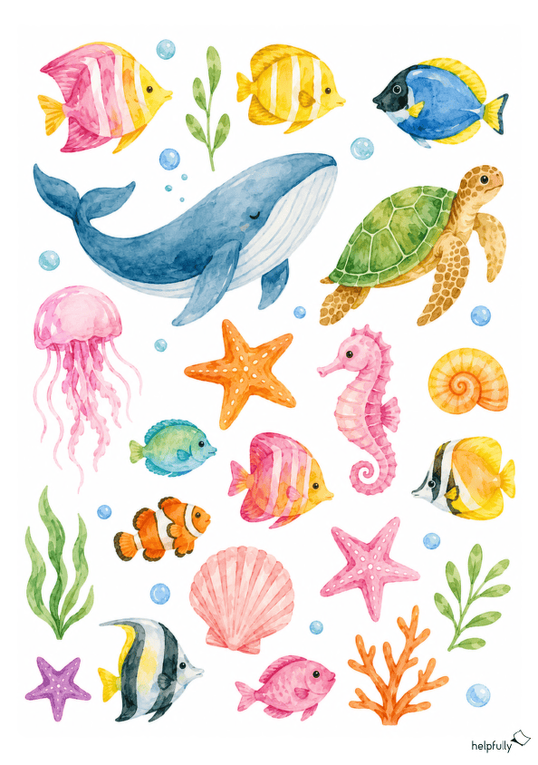 Sommermotive mit Fischen und Meerestieren zum Ausdrucken in tollen Farben - zum Basteln und Dekorieren