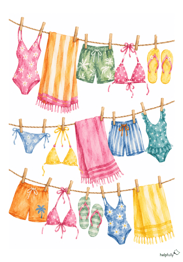 Sommermotive in Form einer Wäscheleine mit Badesachen zum Ausdrucken in tollen Farben - zum Basteln und Dekorieren