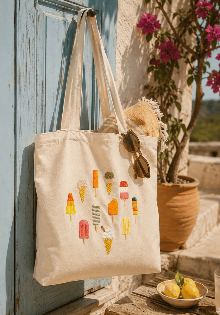 Bestickte Sommertasche mit Eiscreme-Stickereie, gemacht mit dem Muster von DMC