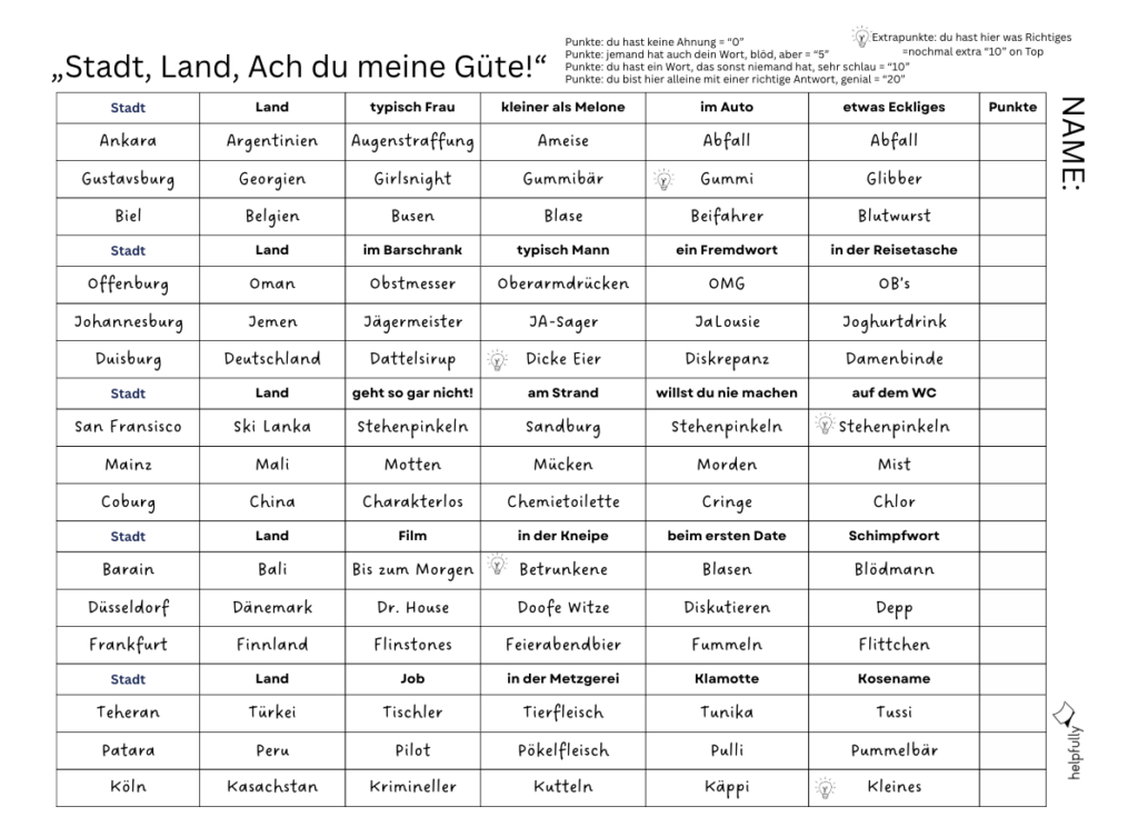 Stadt, Land, Fluss Spielzettel für Erwachsene gratis Vorlage zum Ausdrucken