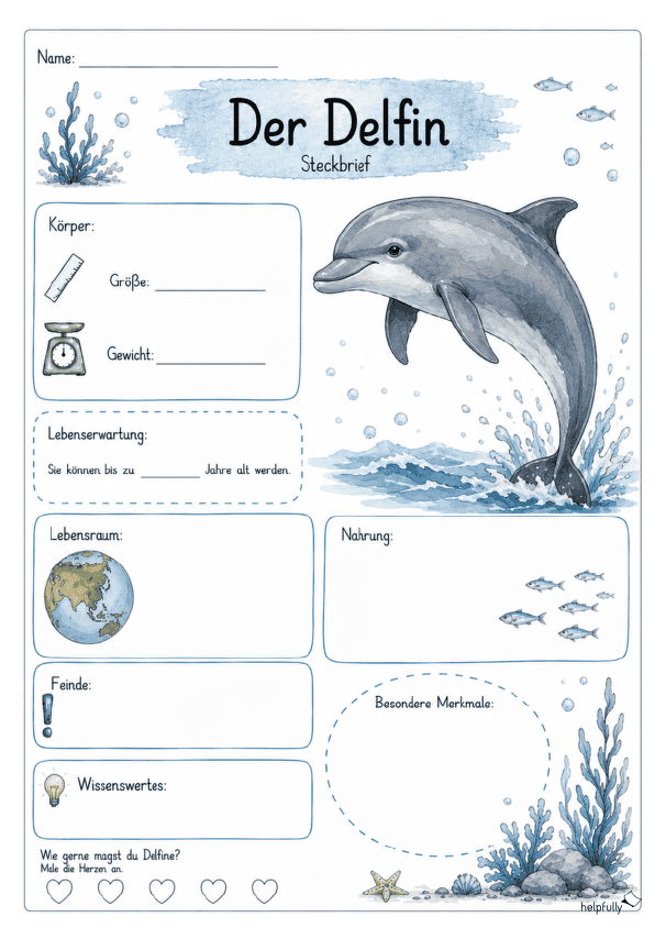 Steckbrief Delfin zum Ausfüllen ohne Lineatur