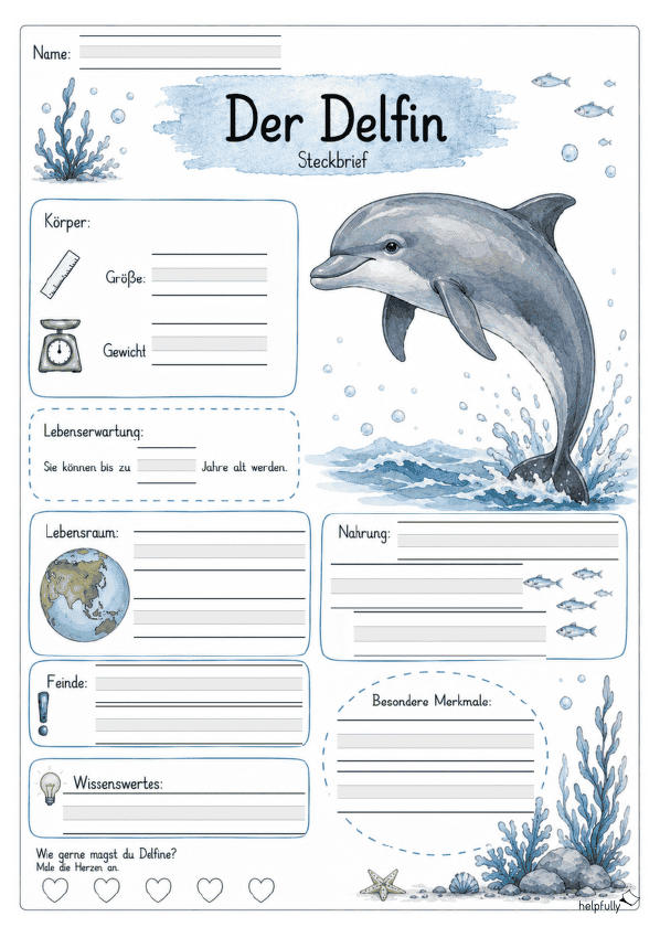 Steckbrief Delfin zum Ausfüllen mit Lineatur 1+2 Klasse