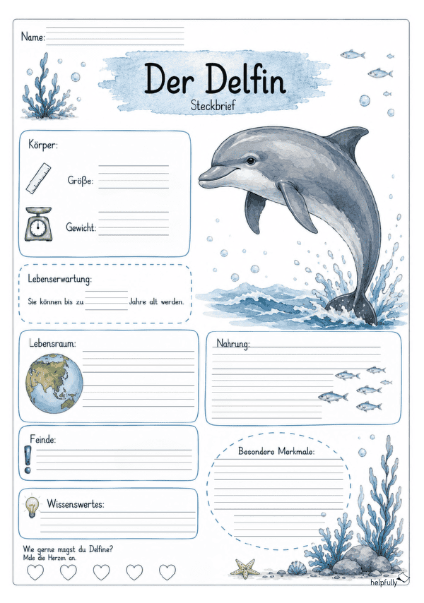 Steckbrief Delfin zum Ausfüllen mit Lineatur 3+4 Klasse