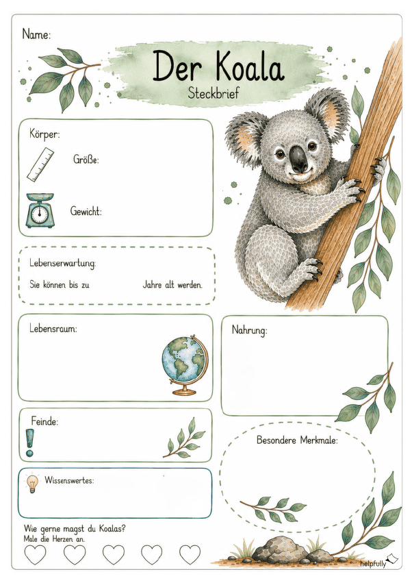 Steckbrief Koala zum Ausfüllen ohne Lineatur