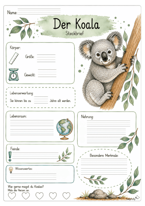 Steckbrief Koala zum Ausfüllen mit Lineatur 3+4 Klasse