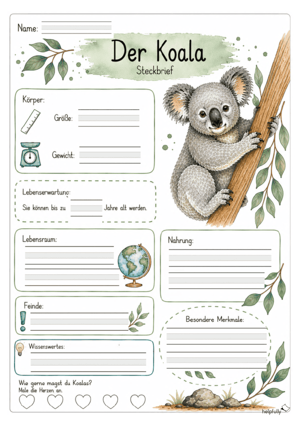Steckbrief Koala zum Ausfüllen mit Lineatur 1+2 Klasse