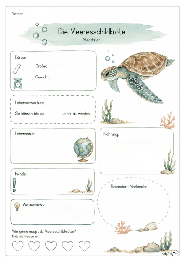 Steckbrief Meereschildkröte zum Ausfüllen ohne Lineatur