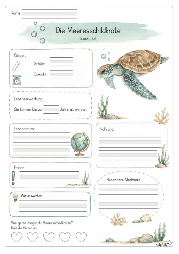 Steckbrief Meereschildkröte zum Ausfüllen mit Lineatur 1+2 Klasse