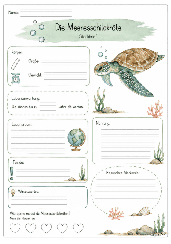 Steckbrief Meereschildkröte zum Ausfüllen mit Lineatur 3+4 Klasse