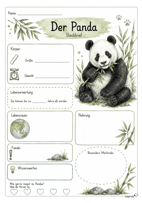 Steckbrief Panda zum Ausfüllen ohne Lineatur