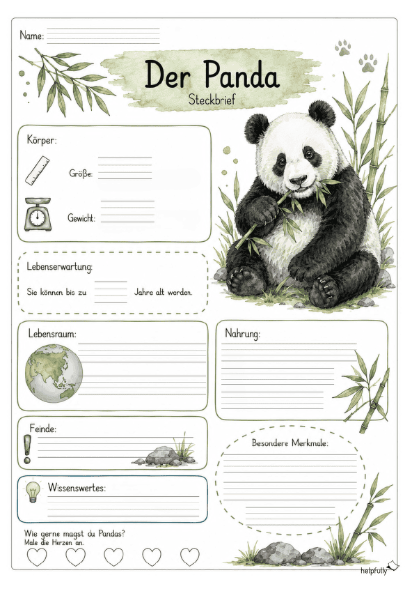 Steckbrief Panda zum Ausfüllen mit Lineatur 3+4 Klasse