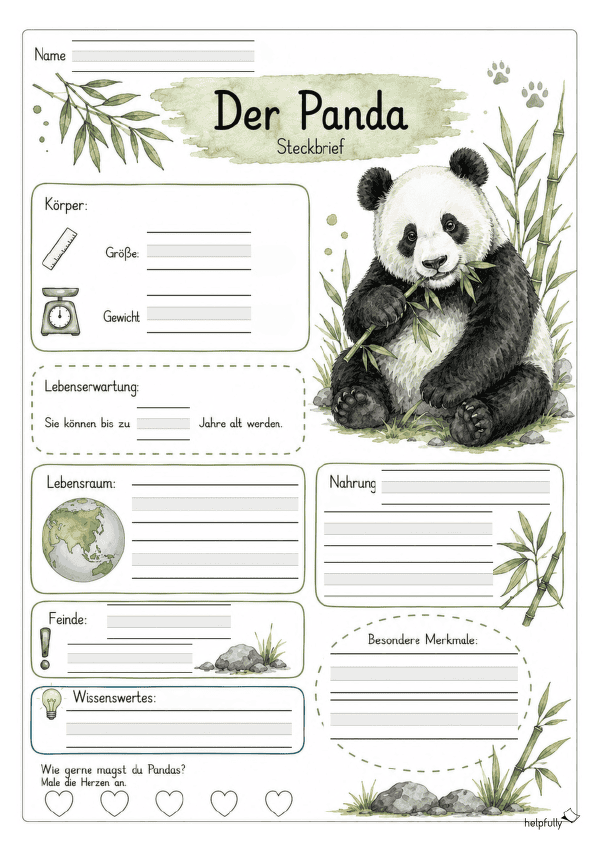Steckbrief Panda zum Ausfüllen mit Lineatur 1+2 Klasse