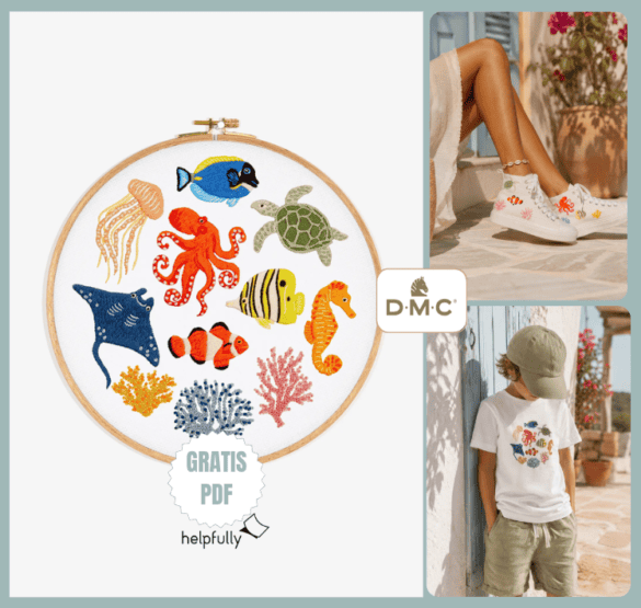Super schönes und sommerliches Stickmotiv von DMC mit bunter Unterwasserwelt, kostenlose Vorlage