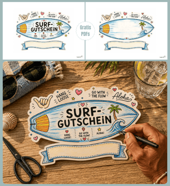 Surf-Geschenke basteln, geht mit den bunten DIY-Vorlagen in Form von Surfboards genial!