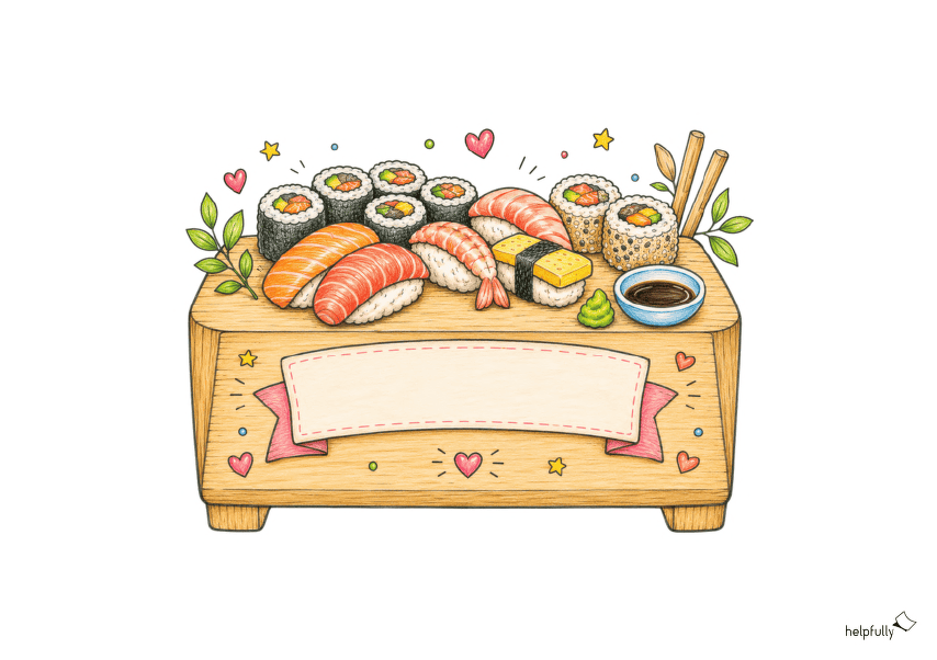 Sushi-Bastelvorlage in bunten Farben zum Ausdrucken und Beschriften