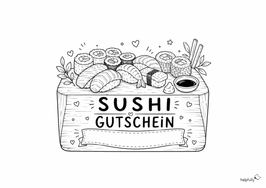 Sushi-Gutschein als Bastelvorlage zum Ausdrucken und Ausmalen
