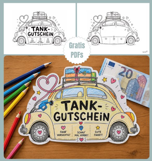 Coolen Gutschein zum Tanken in Form eines Autos als Bastelvorlage zum Ausdrucken, hier gratis als PDF!