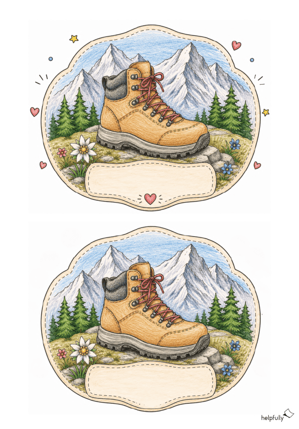 Bunte DIY-Vorlage mit Wanderschuh und Bergen sowie Banner zum Basteln von Karten, Gutscheinen und mehr DIY-Ideen!