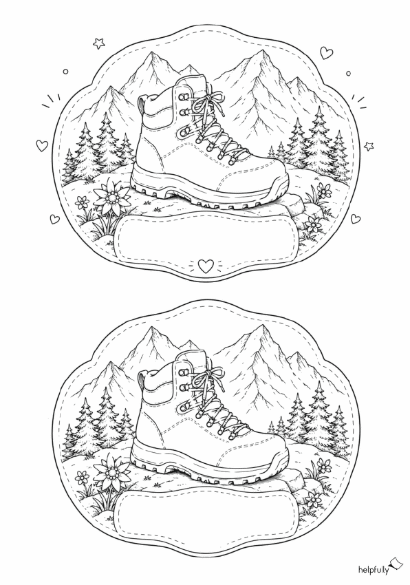 Blanko-DIY-Vorlage mit Wanderschuh und Bergen sowie Banner zum Basteln von Karten, Gutscheinen und mehr Ideen!