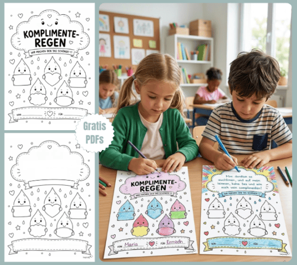 Schulkinder mit der Vorlage Warme Dusche vor sich - sie malen und schreiben Komplimente rein