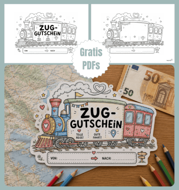Zug-Gutschein oder Eisenbahngeschenk - mit der Bastelvorlage geht die DIY-Fahrt so richtig los!