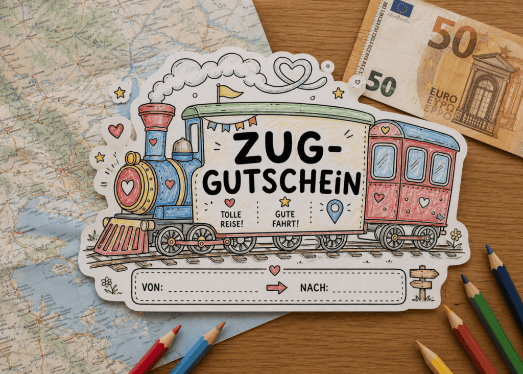 Gutschein für Zugreisen oder Eisenbahngeschenke basteln - mit der DIY-Vorlage zum Ausdrucken!
