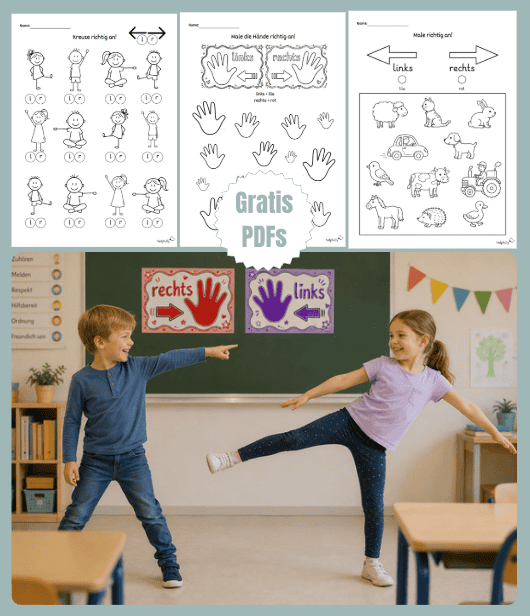 rechts links Arbeitsblätter mit Übungen für Grundschule zum Ausdrucken, A4 Formate