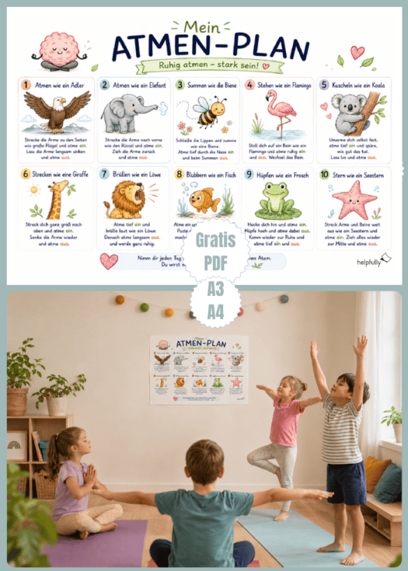 Vorlage mit tierischen Atemübungen für Kinder zum Ausdrucken als PDF im A4 und A3 Format
