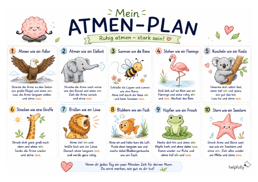 Plan mit Atemübungen für Kinder mit Tieren als Beispiele zum Ausdrucken als A4 und A3 gratis PDF