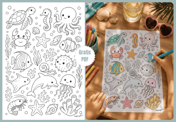 Ausmalbild mit Meerestieren zum Ausdrucken als gratis PDF