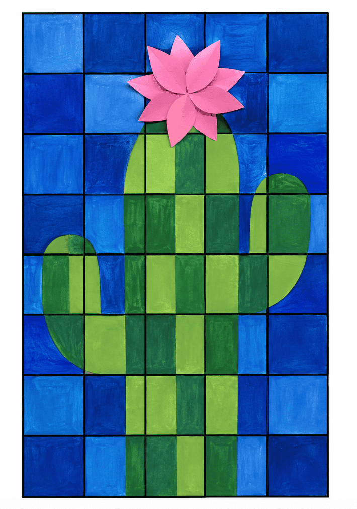 Idee mit Karopapier zum Papierbasteln "Kaktus mit Blume"