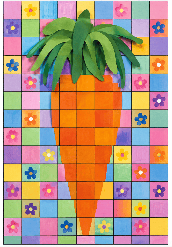 Idee mit Karopapier zum Papierbasteln "Karotte mit Grünzeug" und Blumen drumherum