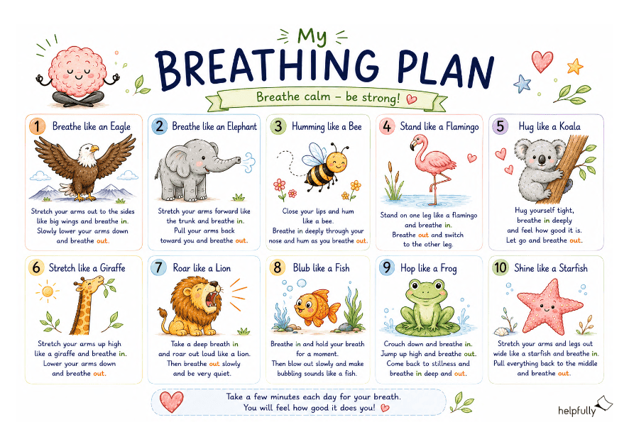 Breathing exercises for kids - beautiful plan with animals, printable