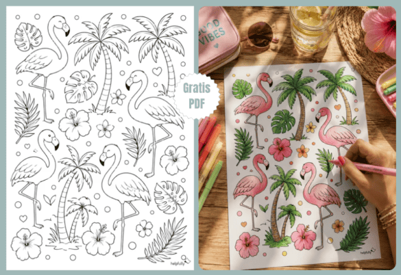 Ausmalbild Flamingos und Palmen zum Ausdrucken als gratis PDF