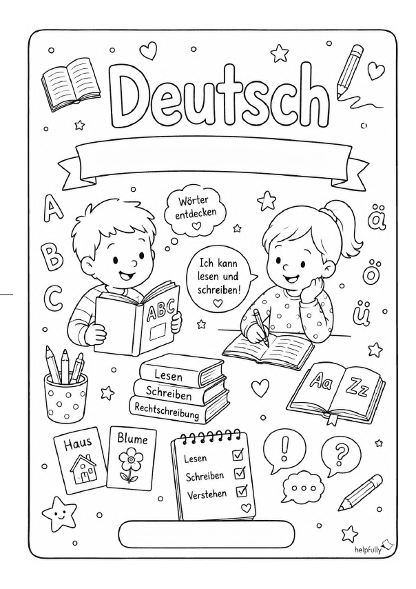 Deckblatt "Deutsch" für die Grundschule zum Ausdrucken und Ausmalen als gratis PDF