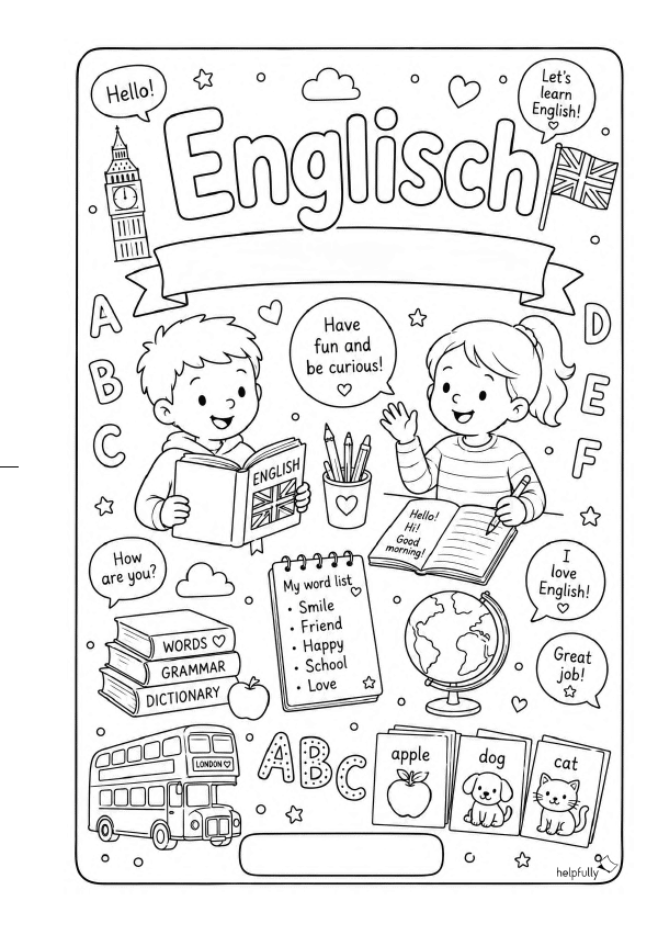 Deckblatt "Englisch" für die Grundschule zum Ausdrucken und Ausmalen als gratis PDF