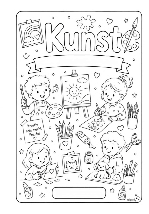 Deckblatt "Kunst" für die Grundschule zum Ausdrucken und Ausmalen als gratis PDF