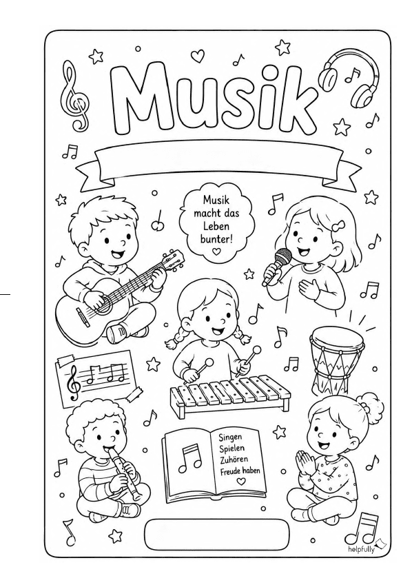 Deckblatt "Musik" für die Grundschule zum Ausdrucken und Ausmalen als gratis PDF