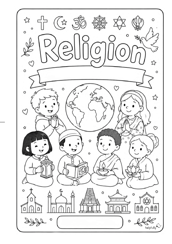 Deckblatt "Religion" für die Grundschule zum Ausdrucken und Ausmalen als gratis PDF