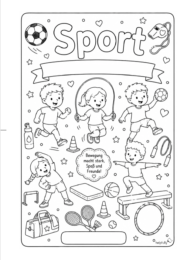 Deckblatt "Sport" für die Grundschule zum Ausdrucken und Ausmalen als gratis PDF