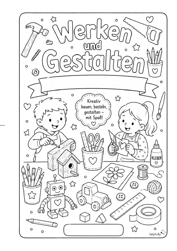 Deckblatt "Werken und Gestalten" für die Grundschule zum Ausdrucken und Ausmalen als gratis PDF