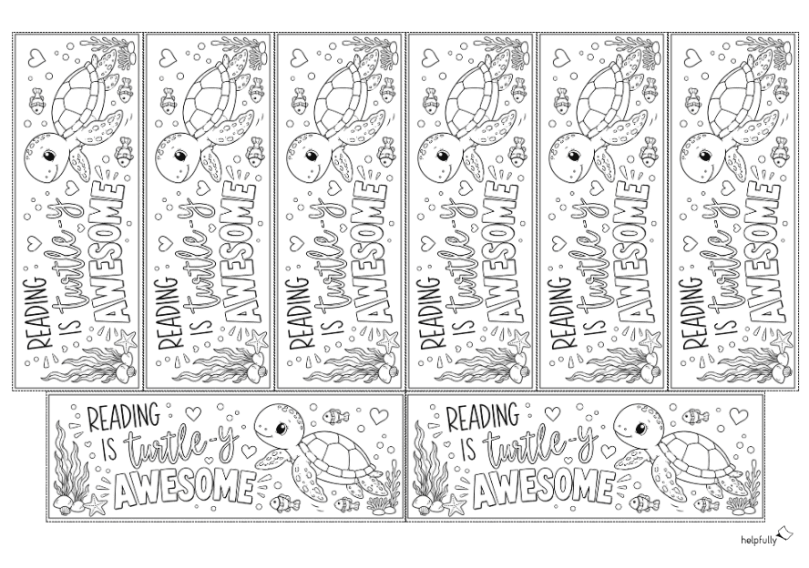 Lesezeichen zum Ausdrucken, Basteln und Ausmalen für Kinder mit englischem Schriftzug und Meeresschildkröte als gratis PDF