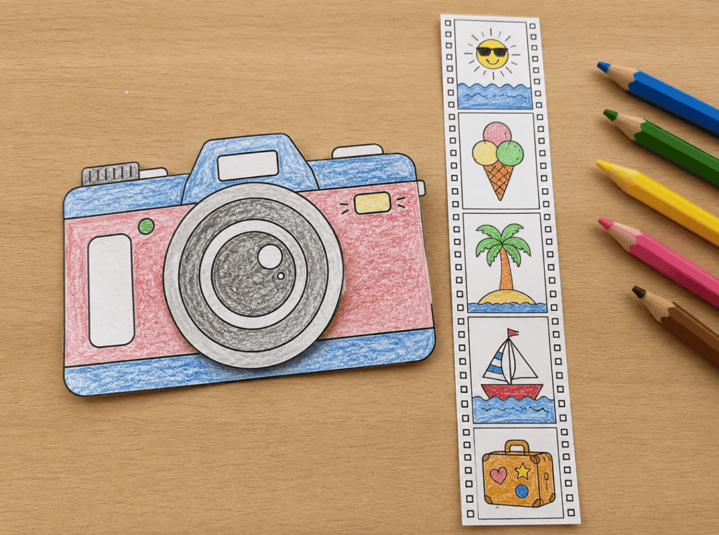 Unterricht nach den Ferien in der Schule: Kamera und Fotostreifen zum Basteln und Ausmalen
