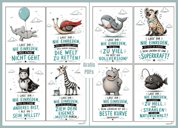 Karten mit positiven Spürchen zur Selbstliebe mit Tiermotiven zum Ausdrucken als gratis Vorlagen