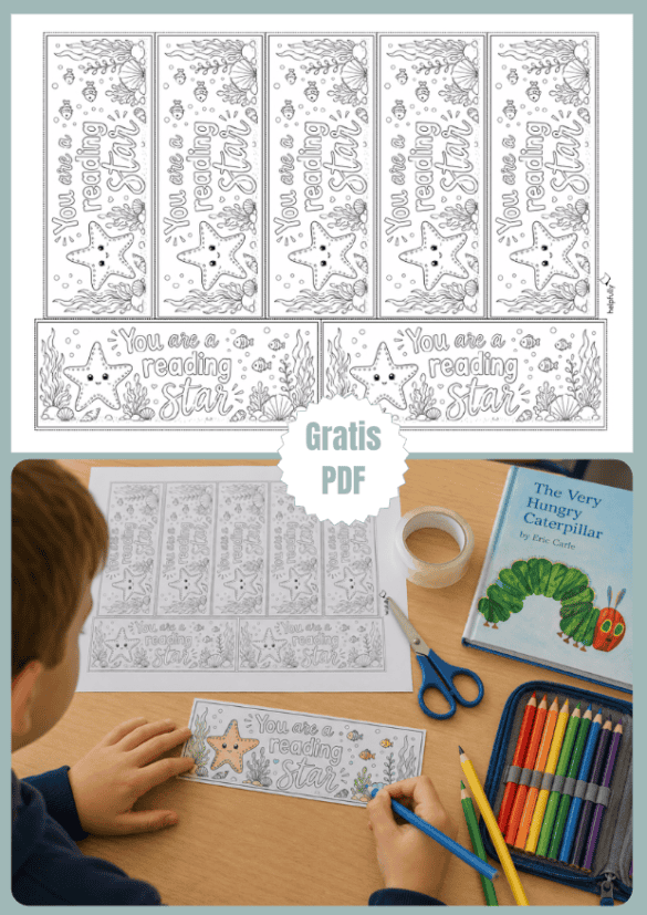 Lesezeichen zum Ausdrucken, Basteln und Ausmalen für Kinder mit englischem Schriftzug und Stern als gratis PDF