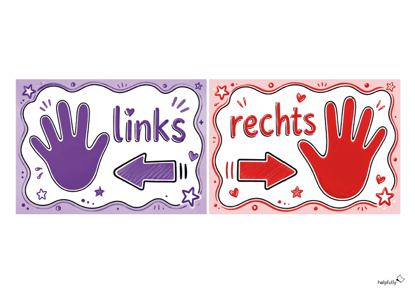 rechts-links: Schild mit Händen und Richtungspfeilen in rot/lila für rechts und links