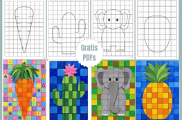 Karo-Bastelvorlagen „Ananas, Kaktus, Elefant & Möhre“ Zum Malen, Schneiden & Bekleben als gratis PDFs