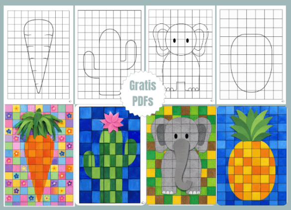 Karo-Bastelvorlagen „Ananas, Kaktus, Elefant & Möhre“ Zum Malen, Schneiden & Bekleben als gratis PDFs