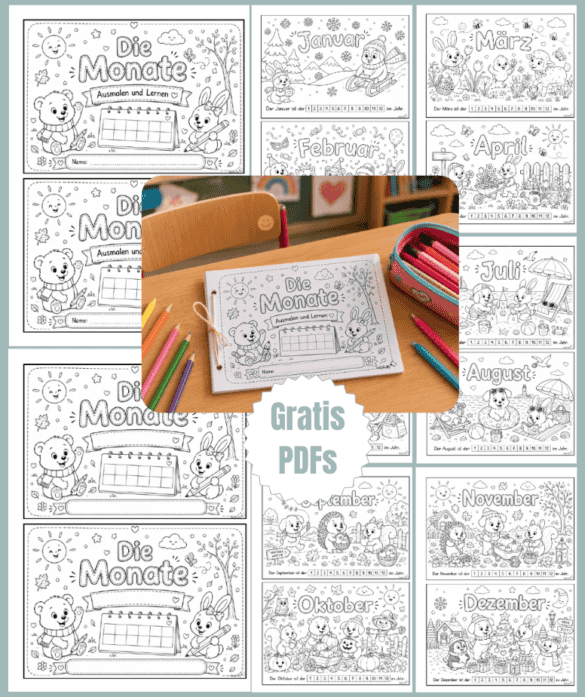 Gratis Vorlagen "Die Monate - Ausmalen und Lernen" für die Grundschule zum Ausdrucken