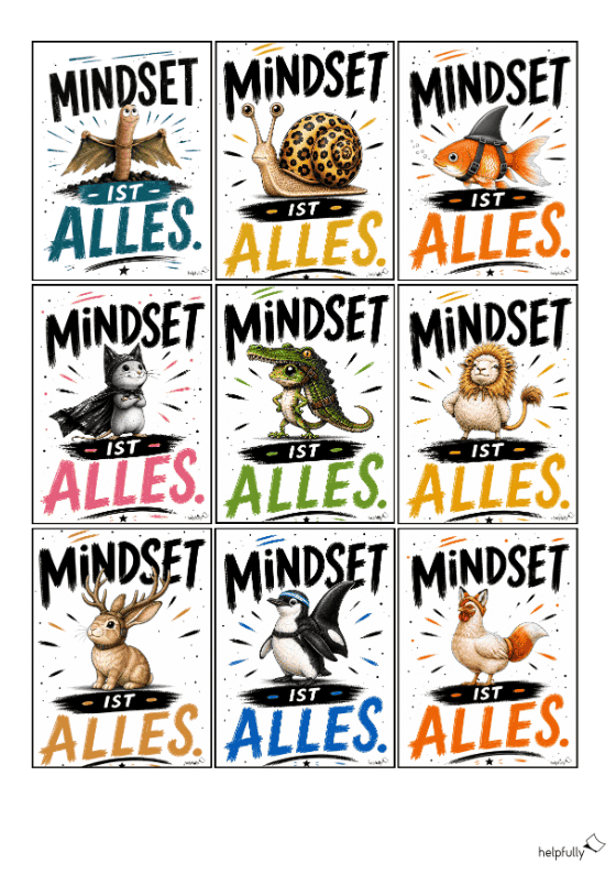 Motivierende Karten mit positiven Motiven und Spruch "Mindset ist Alles" zum Ausdrucken